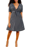Black Casual Striped Print Patchwork V Neck Short Sleeve Dress Dresses