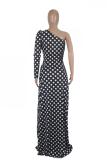 White One Shoulder Collar Long Sleeve asymmetrical Dot Print Slim fit Patchwork Long Sleeve Top