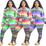 Green Casual Striped Print Patchwork Draw String Hooded Collar Long Sleeve Two Pieces
