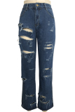Blue Denim Button Fly Zipper Fly Mid washing Solid Hole Straight Pants 