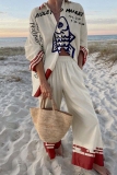 Yellow Graphics Fish Print Turndown Collar Long Sleeve Buttons Blouse And Wide Leg Pants Vacation Casual Two Pieces Trouser Sets