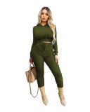 Army Green Casual Solid Patchwork Hooded Collar Long Sleeve Two Pieces