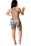 Grey Sexy Hollow Asymmetrical Camouflage Backless Print Chemical fiber blend Sleeveless O Neck Rompers