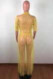 Yellow Casual Fashion Cap Sleeve Half Sleeves O neck Straight Ankle-Length Solid asymmetrical Mes