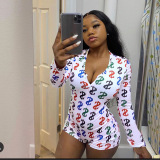 White Sexy Print Chemical fiber blend Long Sleeve V Neck Rompers