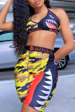 colour adult Sexy Fashion Print Patchwork Two Piece Suits Straight Sleeveless
