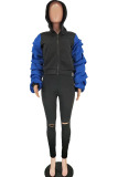 Blue Sexy Two Piece Suits Patchwork contrast color Hole pencil Long Sleeve Two-piece Pants Set