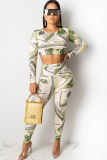 Cream white venetian Sexy Two Piece Suits Print pencil Long Sleeve Two-piece Pants Set