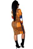 Multi-color Fashion Sexy Cap Sleeve Long Sleeves V Neck Lantern skirt Knee-Length Print Patchwork