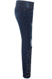 Dark Blue Denim Button Fly Zipper Fly High washing Zippered Solid Beading Asymmetrical Hole Boot Cut Pants 