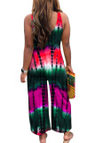 Red Casual Print Patchwork U Neck Loose Jumpsuits