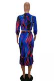 Blue Fashion Sexy Cap Sleeve Half Sleeves V Neck A-Line Mid-Calf asymmetrical Print ruffle Patc