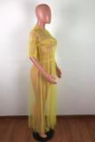 Yellow Casual Fashion Cap Sleeve Half Sleeves O neck Straight Ankle-Length Solid asymmetrical Mes