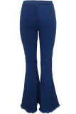 Dark Blue Denim Zipper Fly Button Fly High Solid washing Hole Zippered Boot Cut Pants 