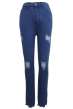 Blue Denim Zipper Fly Sleeveless Mid Hole Patchwork Beading Solid Old pencil Pants Pants