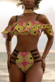 Yellow crop top Print bandage ruffle Paisley Metal Tankinis Set