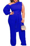 Red Sexy Solid Patchwork Oblique Collar Plus Size Jumpsuits