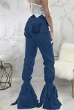 Light Blue Denim Button Fly Sleeveless High Patchwork washing Hole Solid bandage Boot Cut Pants 
