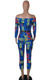 Blue Drawstring Mid Print Skinny Capris Jumpsuits & Rompers