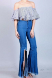 Dark Blue Denim Zipper Fly Button Fly High Solid washing Hole Zippered Boot Cut Pants 