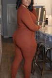 Brown Casual Twilled Satin Solid V Neck Plus Size 