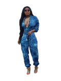 Blue Street Print Turndown Collar Long Sleeve Two Pieces