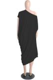Royal blue Street One Shoulder Short Sleeves one shoulder collar Lantern skirt Mid-Calf Solid Club D