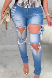 Baby Blue Sexy Solid Ripped High Waist Denim