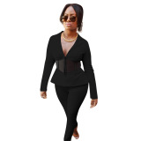 Black Casual Solid Patchwork V Neck Long Sleeve Two Pieces