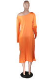Orange adult Fashion Sexy One Shoulder Long Sleeves one shoulder collar Swagger Mid-Calf Print Ch