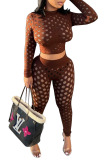 Orange Sexy Solid Hollowed Out Patchwork O Neck Long Sleeve Two Pieces