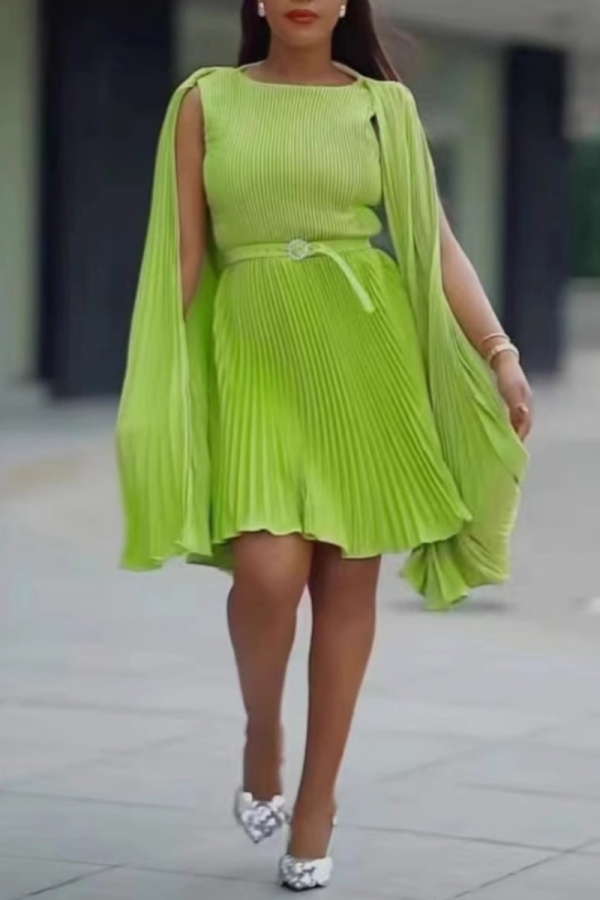 Grass Green Casual O Neck Raglan Sleeve With Belt A Line Ruched Pleated Midi Dresses