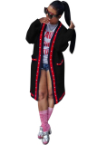 Black cardigan Pearl Solid Ribbon Patchwork Pure Long Sleeve 