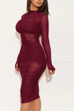 Deep Blue Cap Sleeve Long Sleeves O neck Pencil Dress Knee-Length Patchwork Print Dresses