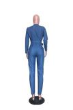 Blue Fashion Sexy bandage Asymmetrical Solid The cowboy Long Sleeve V Neck Jumpsuits