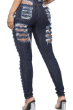 Blue Denim Zipper Fly Button Fly High Hole Zippered Pocket washing pencil Pants Pants