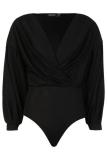 Black Fashion Sexy Solid Milk. Long Sleeve V Neck 