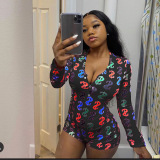 White Sexy Print Chemical fiber blend Long Sleeve V Neck Rompers