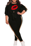 Black Casual Print Bandage Patchwork O Neck Plus Size Two Pieces