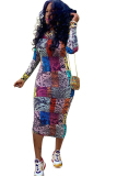 multicolor Sexy Cap Sleeve Long Sleeves O neck Step Skirt Mid-Calf Print