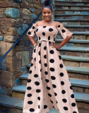 Pink England Off The Shoulder Short Sleeves One word collar Swagger Floor-Length Print Polka Dot Draped backless hollow out ruffle asymmetrical Dresses