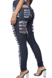Blue Denim Zipper Fly Button Fly High Hole Zippered Pocket washing pencil Pants Pants