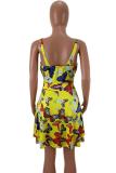 Yellow Fashion Sexy Tank Sleeveless V Neck A-Line Mini Print Patchwork Club Dresses