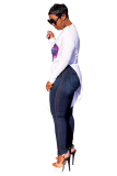 White O Neck Nine Sleeves Print Lips Print Zippered Split Tees & T-shirts