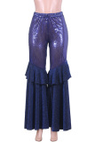 purple Elastic Fly Mid Sequin Solid Loose Pants