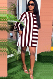 White Acetyl fiber Sweet Cap Sleeve Long Sleeves O neck Swagger Knee-Length Print Striped Patchwork 