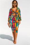 Multi-color adult Street Fashion Two Piece Suits Print Tie Dye Striped Hip skirt Long Sleeve Two-Piec