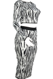 Black and white Sexy Two Piece Suits Patchwork Striped Hip skirt Long Sleeve Two-Piece Dress