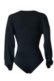 Black Fashion Sexy Solid Milk. Long Sleeve V Neck 