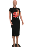 Green Fashion adult Sexy Cap Sleeve Short Sleeves O neck A-Line Mid-Calf hole Print asymmetrical